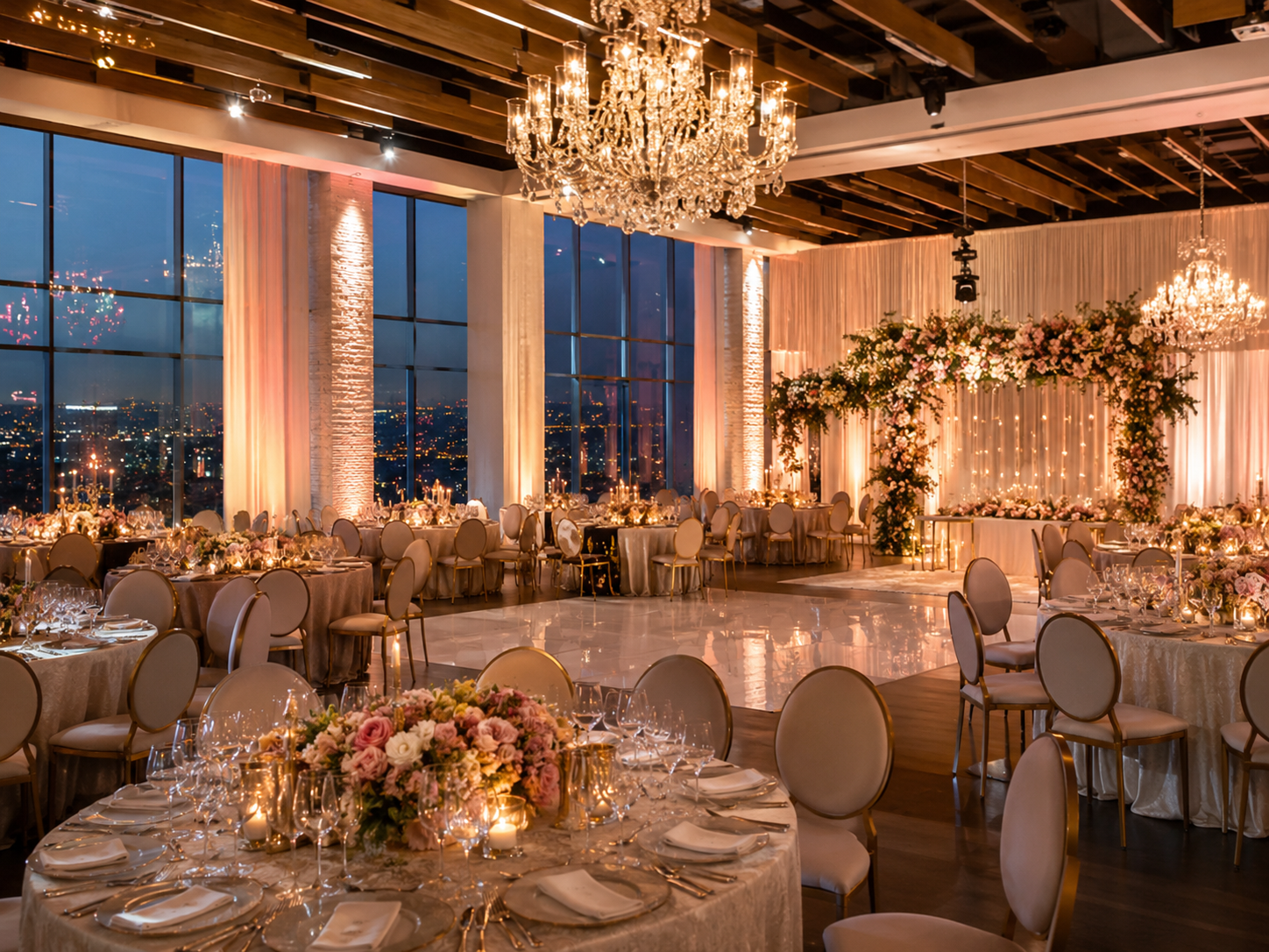 Elegant wedding event space with city view and reception setup