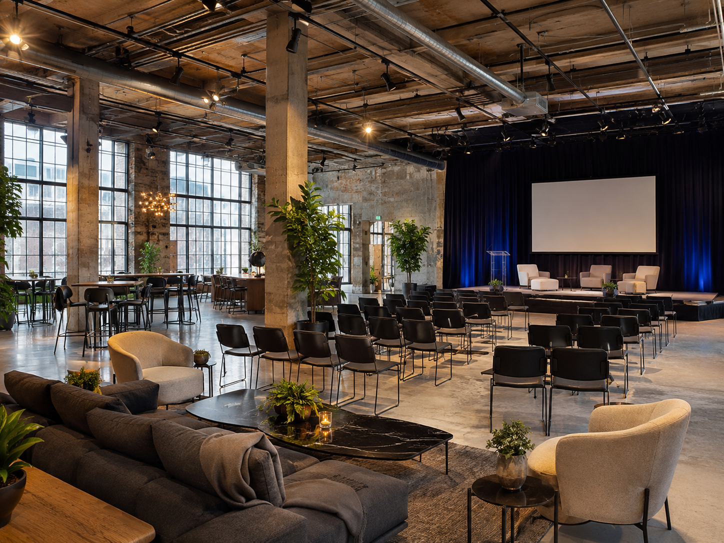 Spacious industrial event space with seating and presentation stage