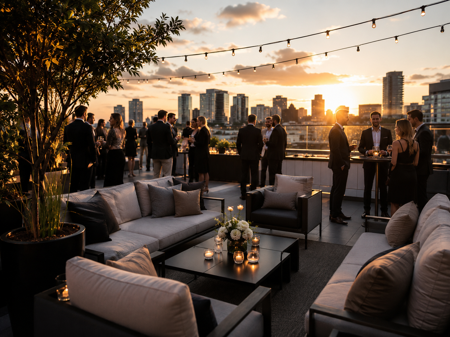 Rooftop event space with city views at sunset